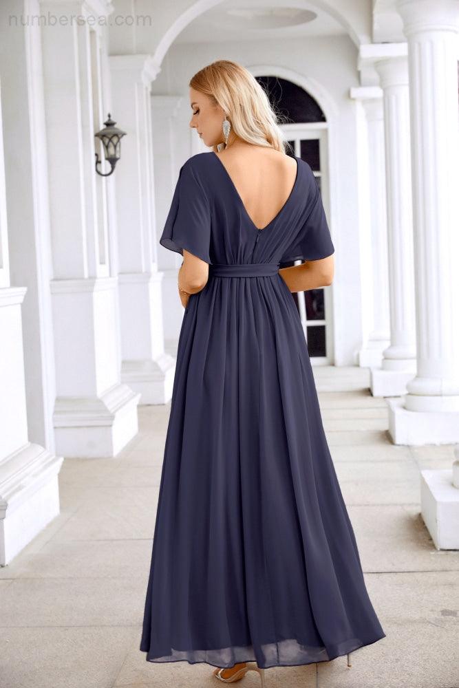 Ladies Chiffon Sleeve Crew Neck Front Slit Floor Length Bridesmaid Evening Dress Wedding Party Evening Dress 28124-numbersea