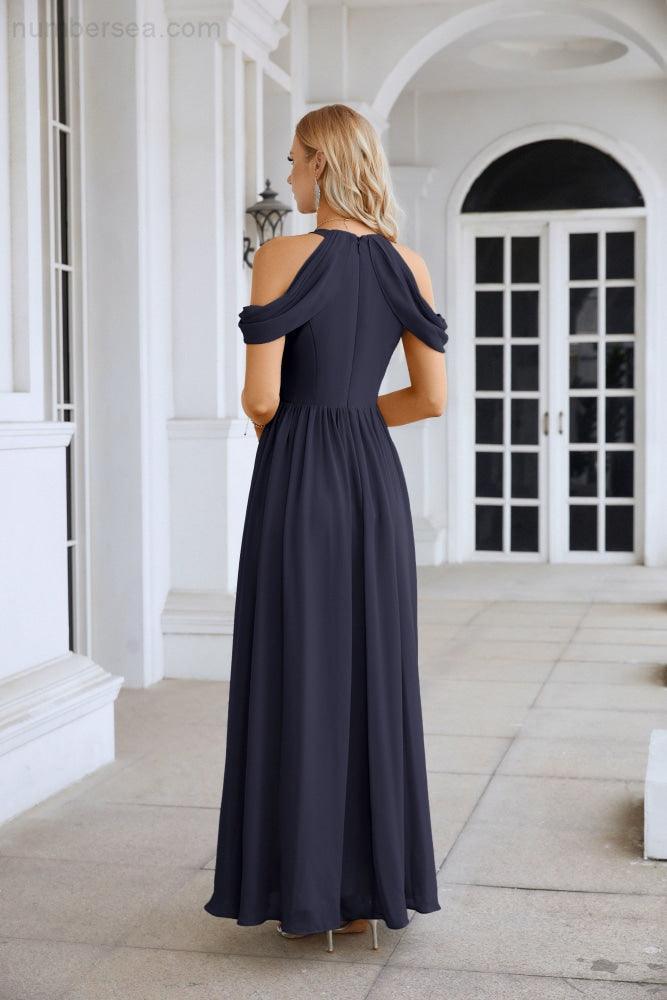 Ladies Chiffon Off Shoulder Swing Sleeve Front Slit Bridesmaid Evening Dress Wedding Party Evening Dress 28117-numbersea