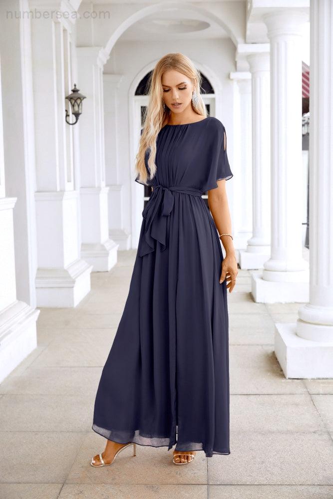 Ladies Chiffon Sleeve Crew Neck Front Slit Floor Length Bridesmaid Evening Dress Wedding Party Evening Dress 28124-numbersea