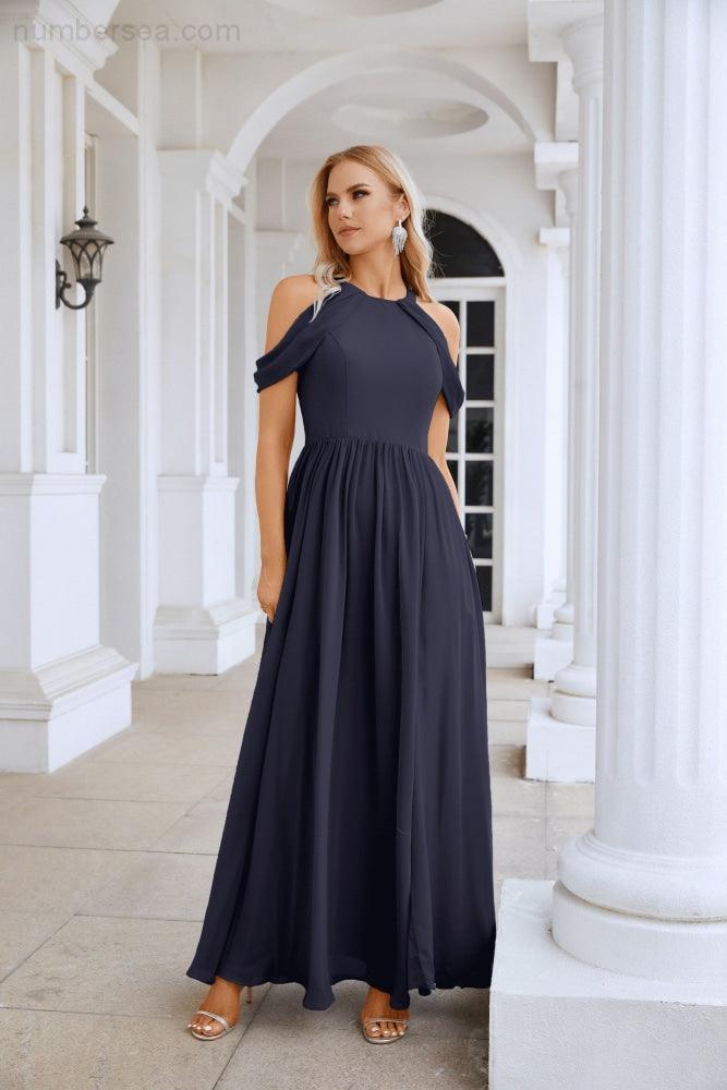 Ladies Chiffon Off Shoulder Swing Sleeve Front Slit Bridesmaid Evening Dress Wedding Party Evening Dress 28117-numbersea