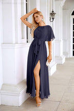 Ladies Chiffon Sleeve Crew Neck Front Slit Floor Length Bridesmaid Evening Dress Wedding Party Evening Dress 28124-numbersea