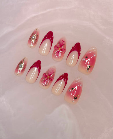 Uñas postizas de gel Magenta Bloom hechas a mano, uñas postizas a presión