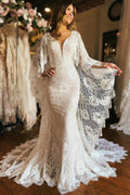 Wedding Dress Ivory Long Sleeve Cape Lace Mermaid with Appliques