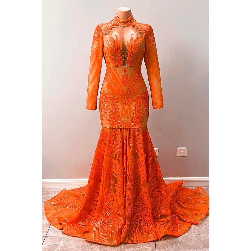 Vestido de fiesta estilo sirena americana con escote alto, apliques de lentejuelas y mangas largas 