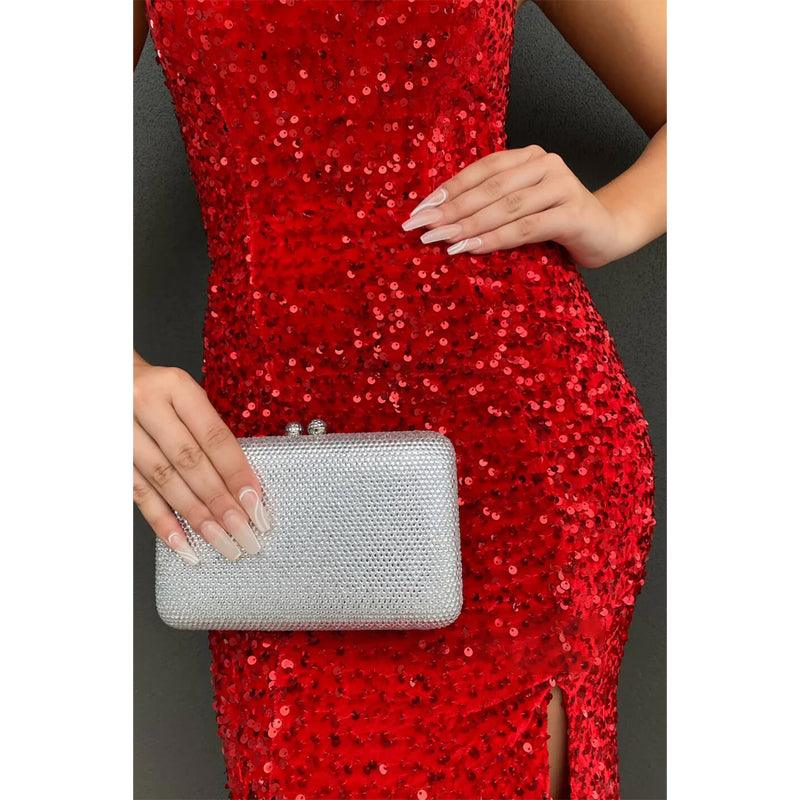 Vestido de fiesta brillante con lentejuelas rojas y escote corazón