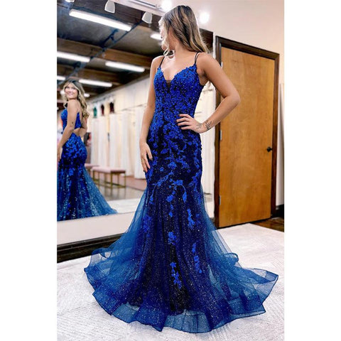 Spaghetti Straps Appliques Sequins Sparkly Mermaid Prom Dress