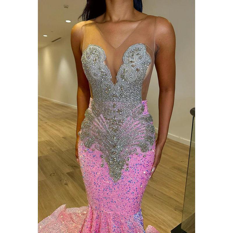 Vestido de noche formal con escote en V, sin mangas, con lentejuelas y cuentas, corte tubo/columna