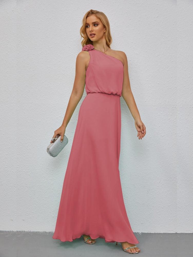Ruffled One Shoulder Sleeveless Long Bridesmaid Dresses A-line Formal Evening Gown Side Split 28080-numbersea