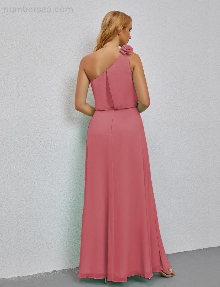 Ruffled One Shoulder Sleeveless Long Bridesmaid Dresses A-line Formal Evening Gown Side Split 28080-numbersea