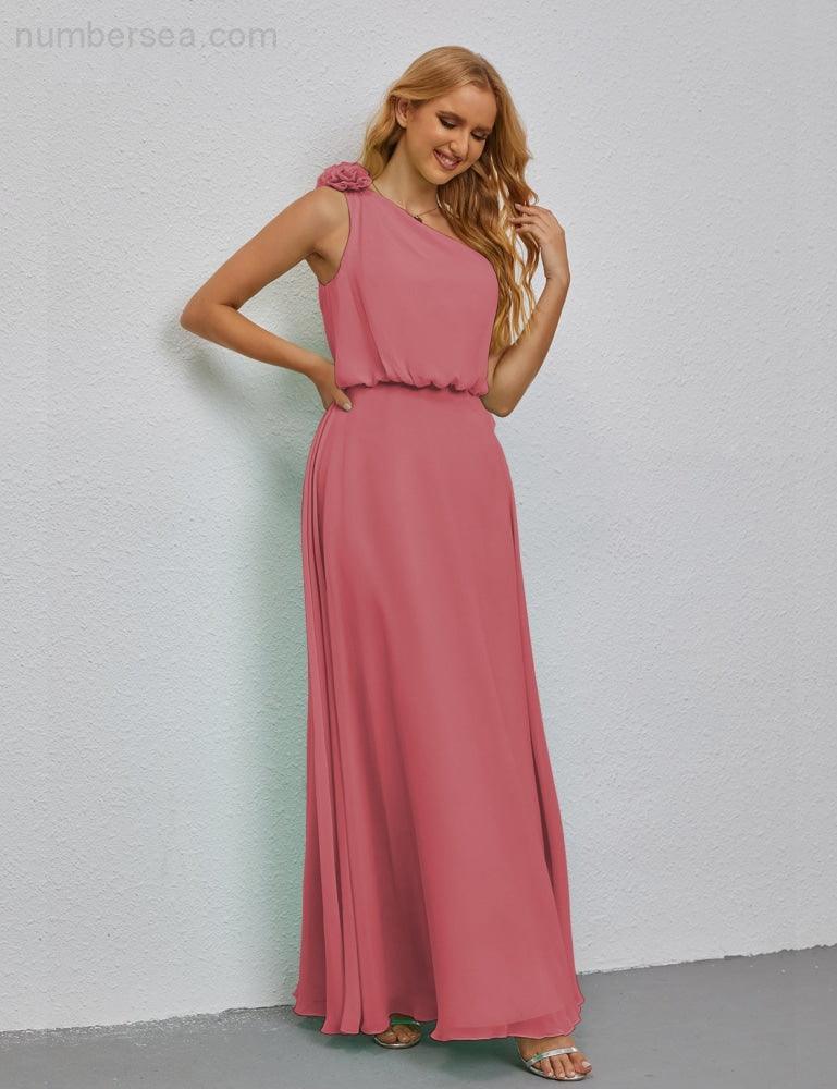 Ruffled One Shoulder Sleeveless Long Bridesmaid Dresses A-line Formal Evening Gown Side Split 28080-numbersea