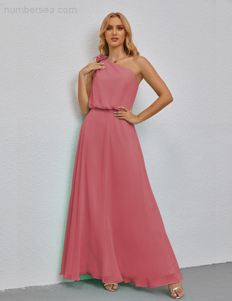 Ruffled One Shoulder Sleeveless Long Bridesmaid Dresses A-line Formal Evening Gown Side Split 28080-numbersea
