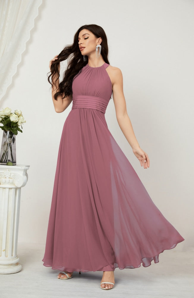 Numbersea Formal Party Gown Dress Chiffon Halter Long Sleeveless Bridesmaid Dresses 2802 Begonia Red