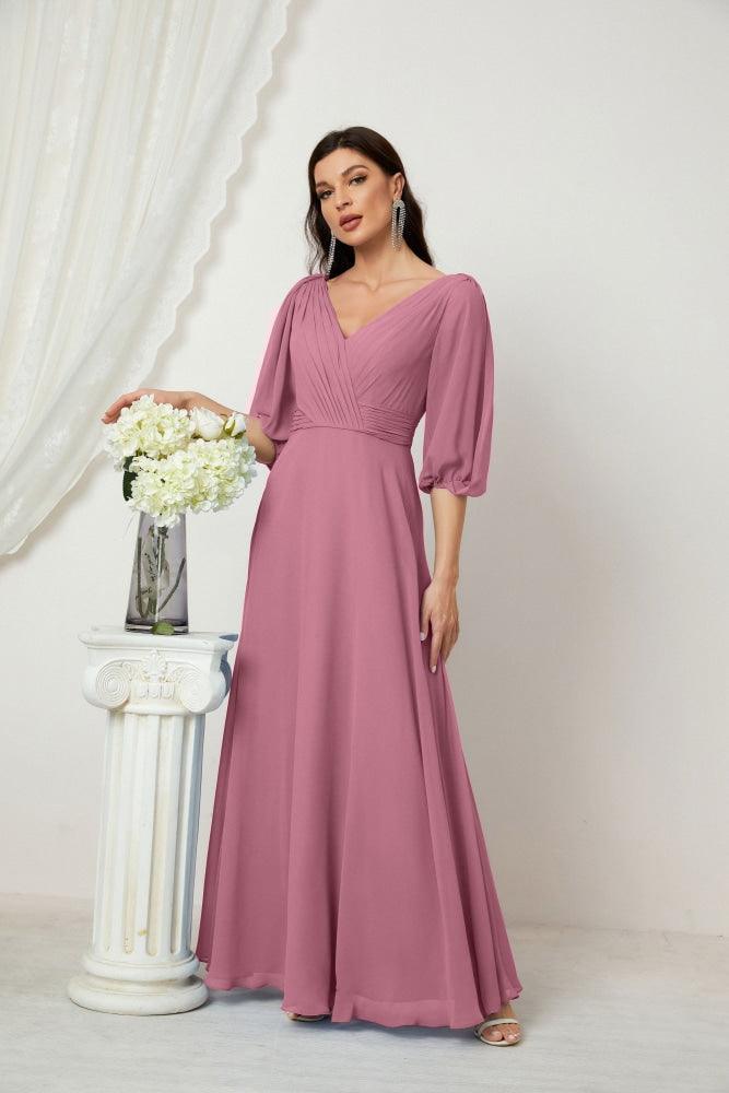 Numbersea Formal Prom Gown Women V-Neck Chiffon Bridesmaid Dresses Long Bishop Sleeve Party Dress 2807-numbersea