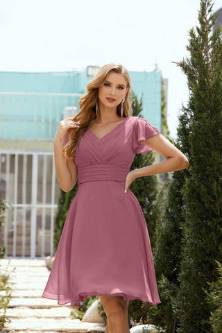 Neck Chiffon Bridesmaid Dresses Formal Cocktail Prom Gown Homecoming 28013 Begonia Red