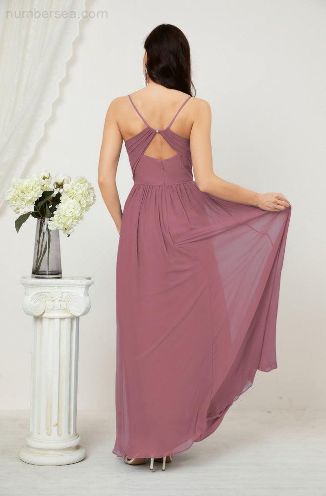 Numbersea Neck Bridesmaid Dresses Chiffon Long Spaghetti A-line Formal Prom Gown for Wedding Party Evening 2801-numbersea