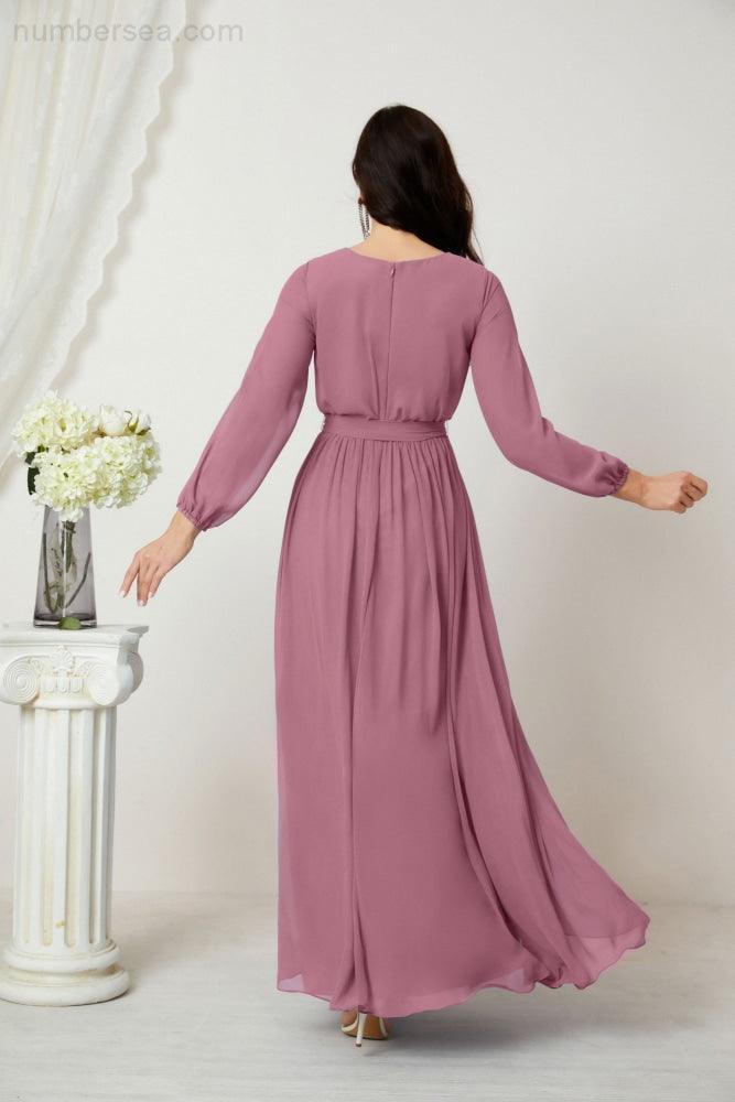 Numbersea Evening Dresses Deep V-Neck Chiffon Bridesmaid Dresses Long Bishop Sleeve Side Split Formal Dress 2806-numbersea