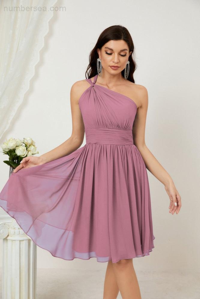 Numbersea Women Chiffon Short One Shoulder Bridesmaid Dress Formal Dresses For Party Homecoming 2804