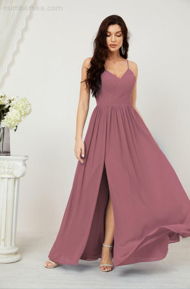 Numbersea Neck Bridesmaid Dresses Chiffon Long Spaghetti A-line Formal Prom Gown for Wedding Party Evening 2801-numbersea