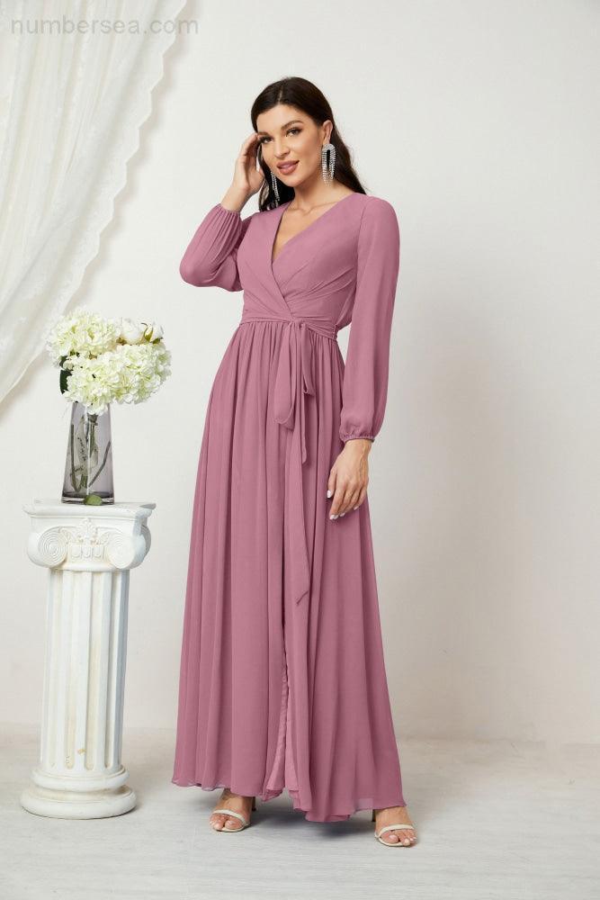 Numbersea Evening Dresses Deep V-Neck Chiffon Bridesmaid Dresses Long Bishop Sleeve Side Split Formal Dress 2806-numbersea