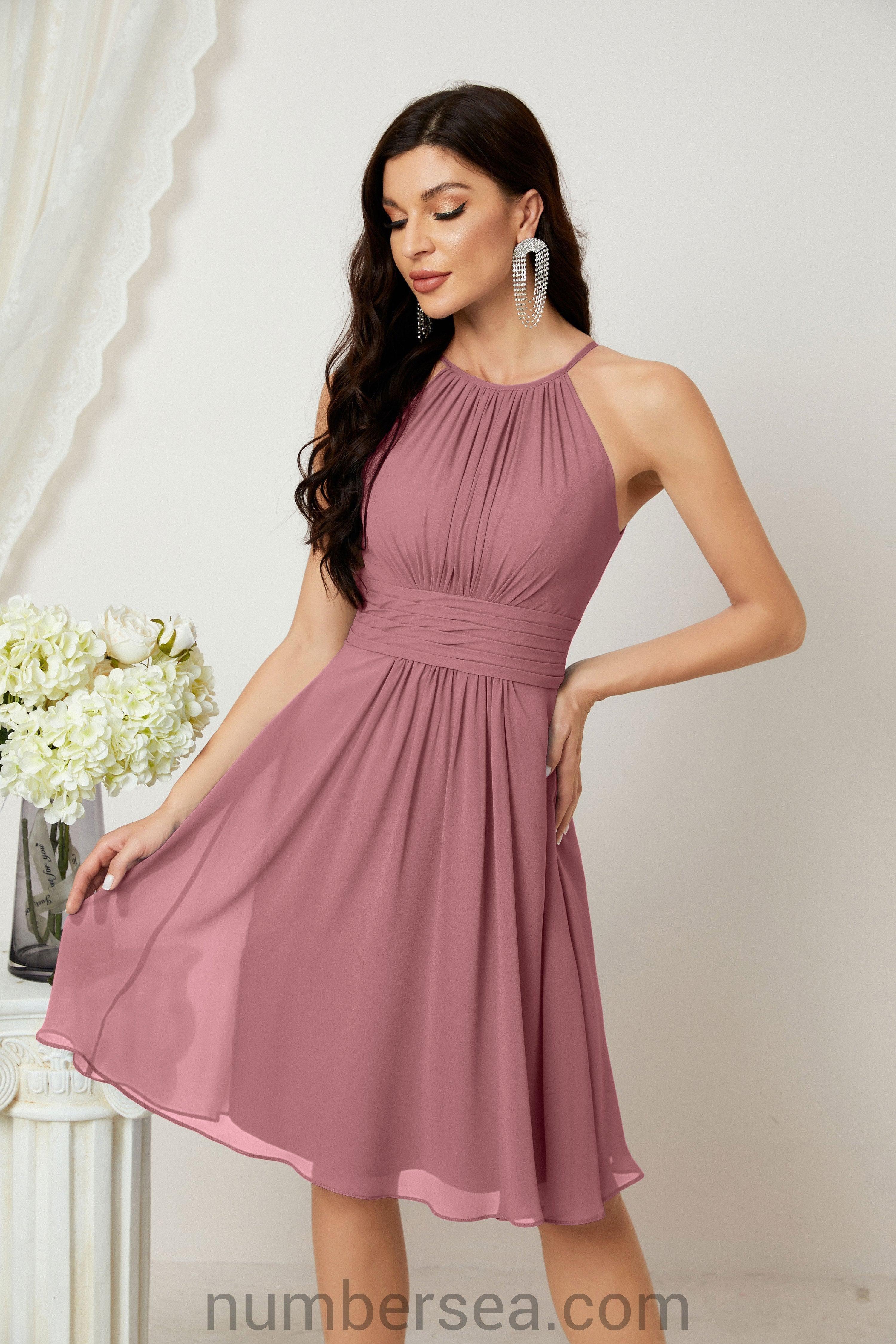 Halter Bridesmaid Dresses Knee Length A Line Formal Evening Party Cocktail Dress 28011