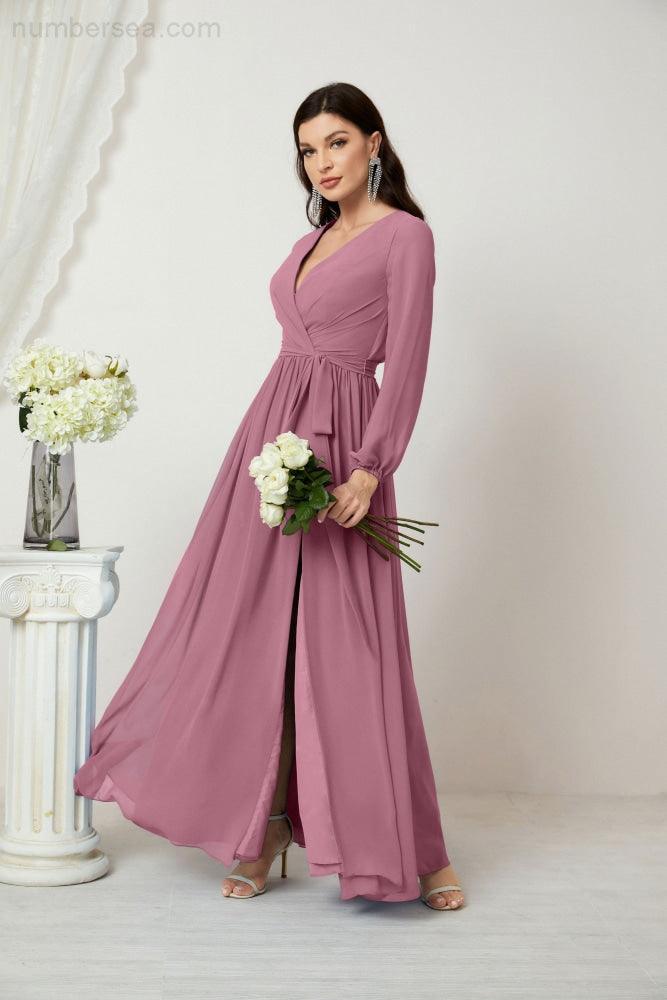 Numbersea Evening Dresses Deep V-Neck Chiffon Bridesmaid Dresses Long Bishop Sleeve Side Split Formal Dress 2806-numbersea