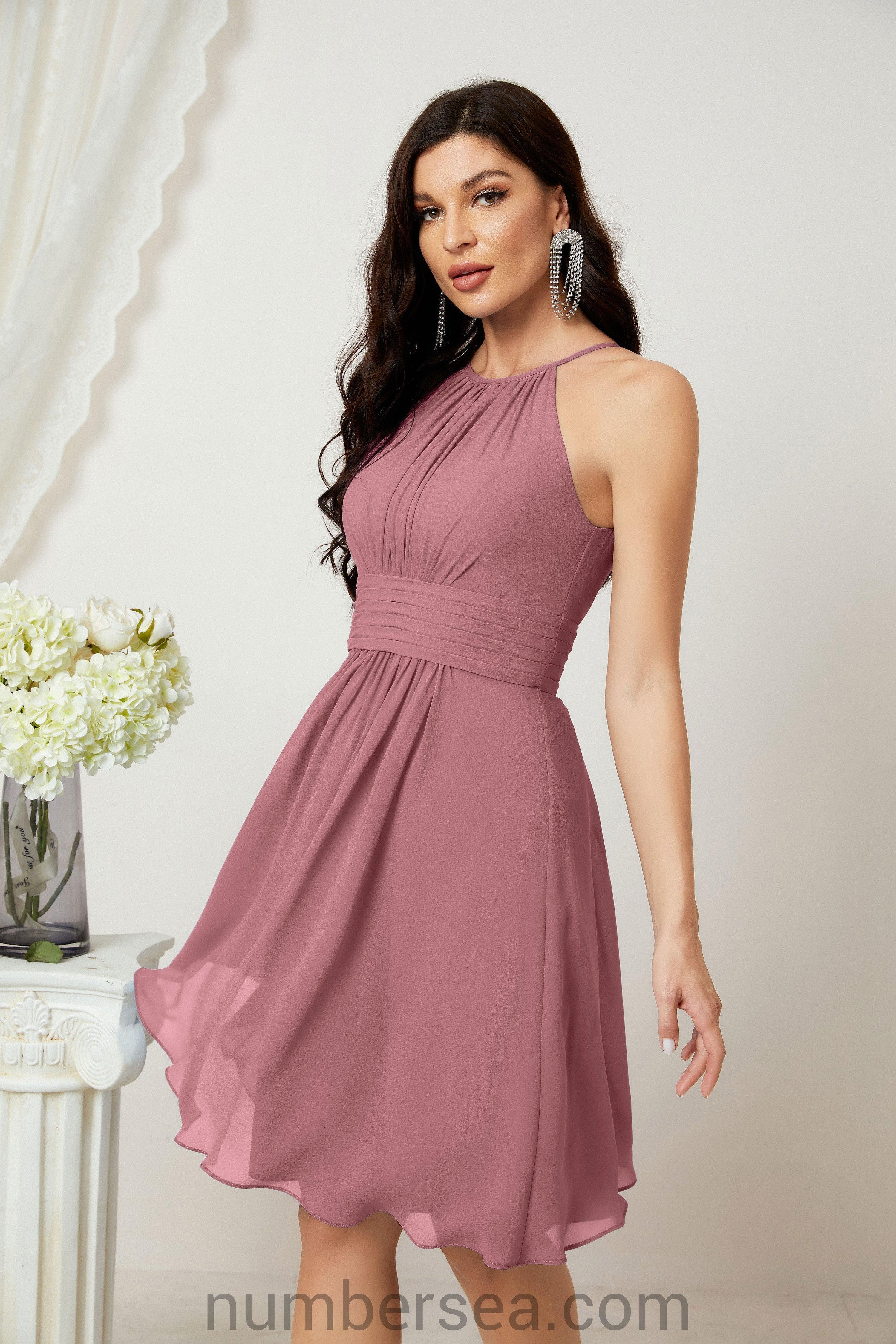 Halter Bridesmaid Dresses Knee Length A Line Formal Evening Party Cocktail Dress 28011