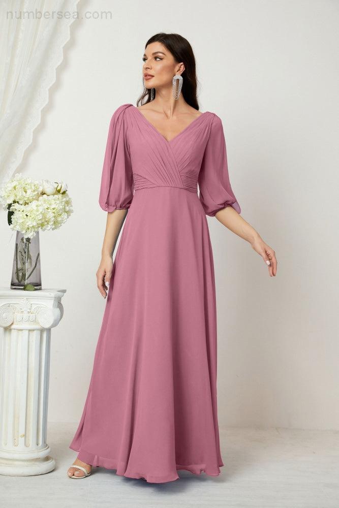 Numbersea Formal Prom Gown Women V-Neck Chiffon Bridesmaid Dresses Long Bishop Sleeve Party Dress 2807-numbersea