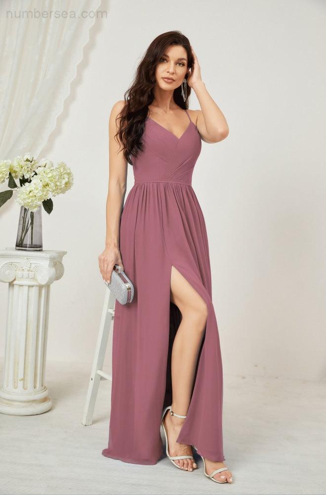Numbersea Neck Bridesmaid Dresses Chiffon Long Spaghetti A-line Formal Prom Gown for Wedding Party Evening 2801-numbersea