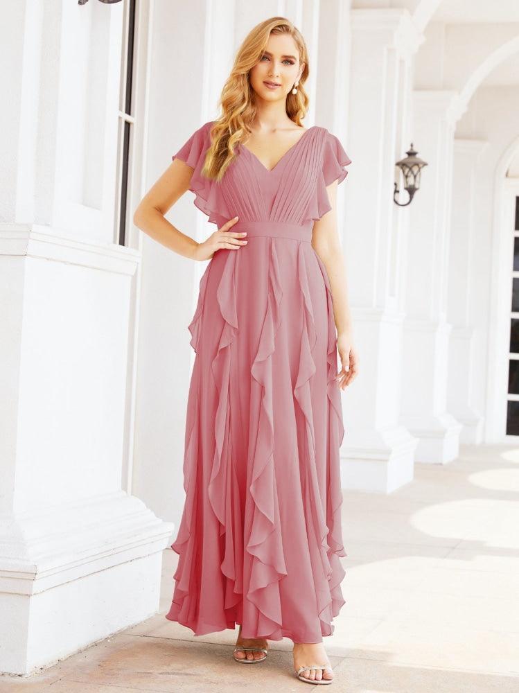Ruffled Bridesmaid Dresses with Sleeves Long Formal Party Dress 28041-numbersea