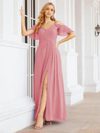 Numbersea Cold Shoulder Long Bridesmaid Dresses Side Slit Formal Prom Gowns Party Wedding 28070-numbersea