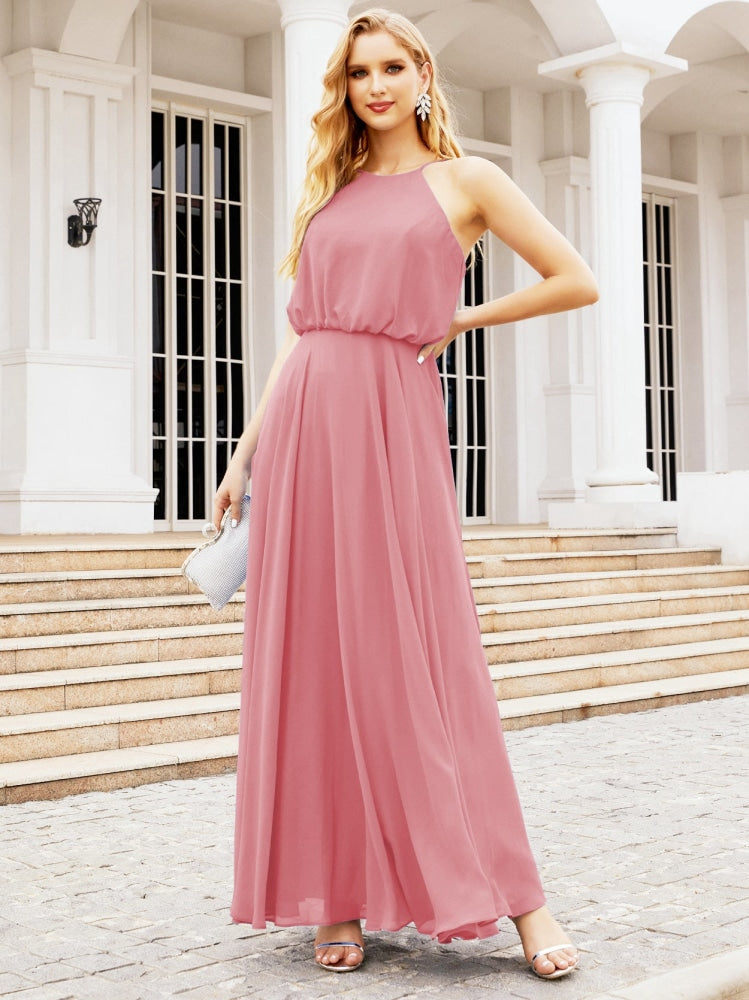 Numbersea  Halter Chiffon Long Bridesmaid Dresses Formal A line Evening Party Prom Gown Juniors Dress 28029