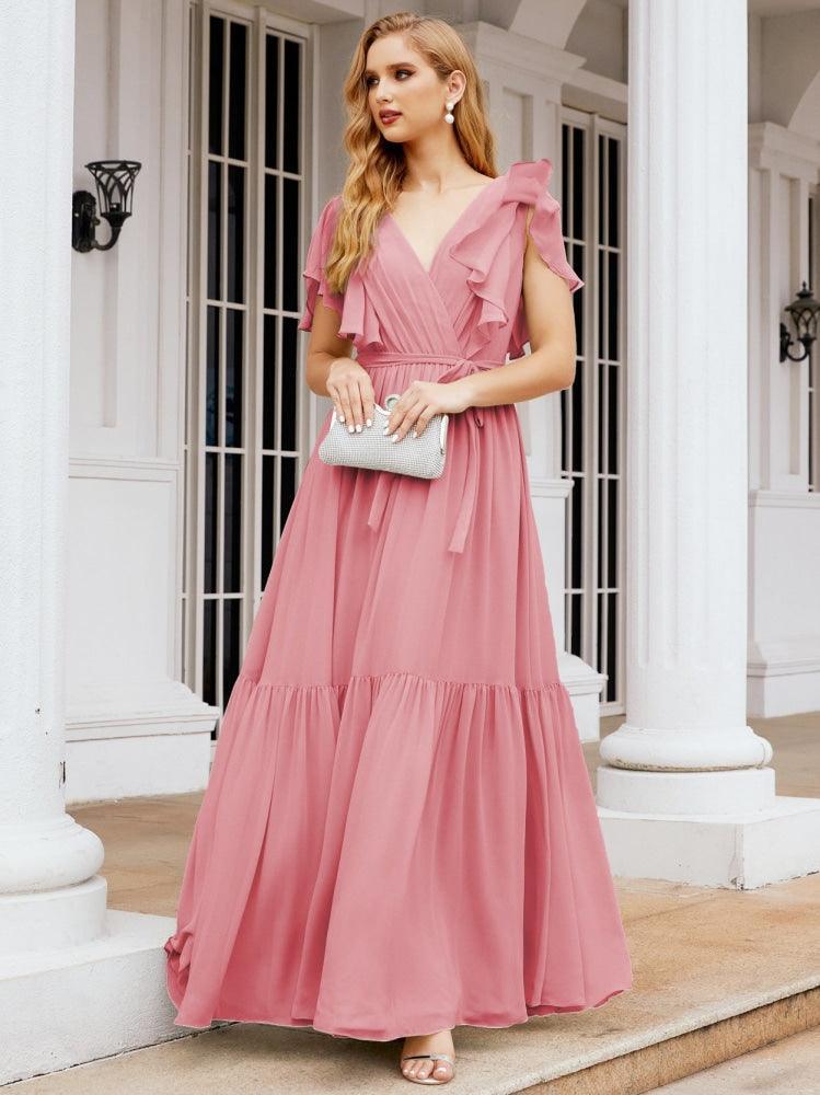 Numbersea Women's Open Back Formal Evening Party Prom Gowns V-Neck Long Chiffon Bridesmaid Dresses with Waist Belt 28038-numbersea
