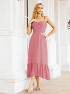 Numbersea Women Strap Chiffon Bridesmaid Dress Ankle Length Sleeveless Blackless Ruffle A Line