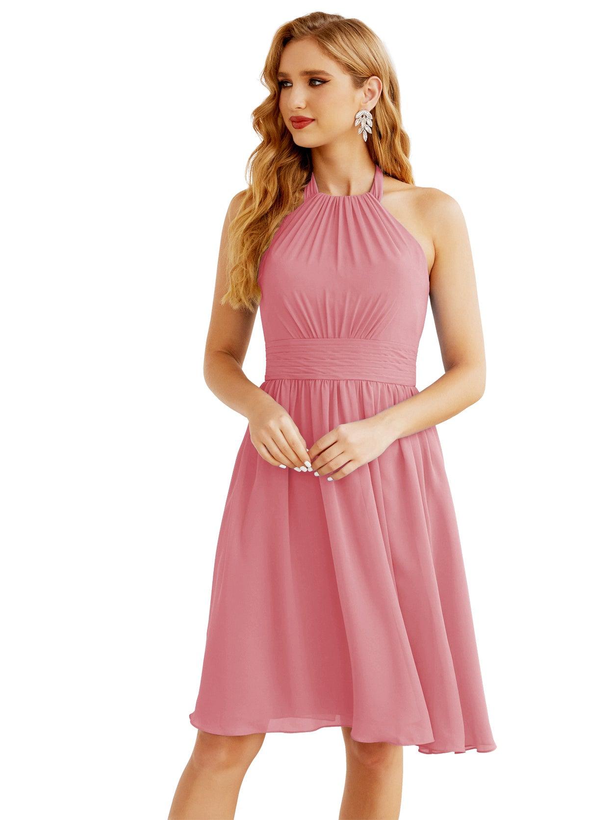 NumberSea-Numbersea Halter Chiffon Bridesmaid Dresses Short Sleeveless Formal Party Dress Open Back 28023