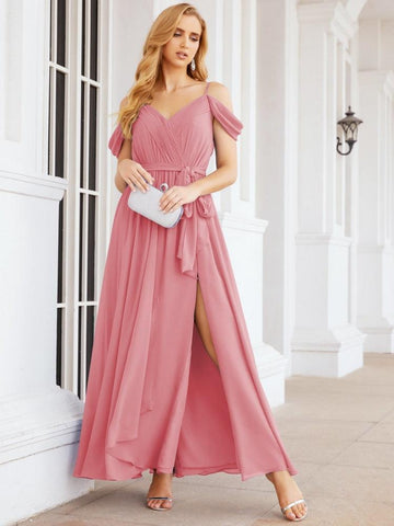 Numbersea Off The Shoulder Chiffon Bridesmaid Dress Long Formal Graduation Gown with Cowl Back 28069-numbersea