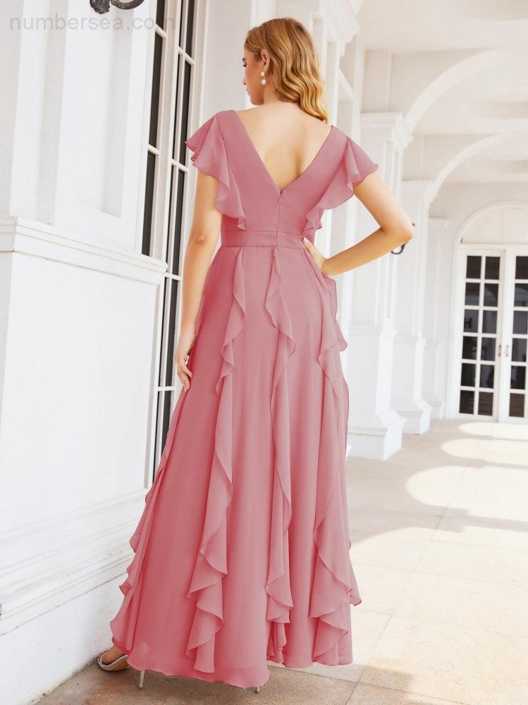 Ruffled Bridesmaid Dresses with Sleeves Long Formal Party Dress 28041-numbersea