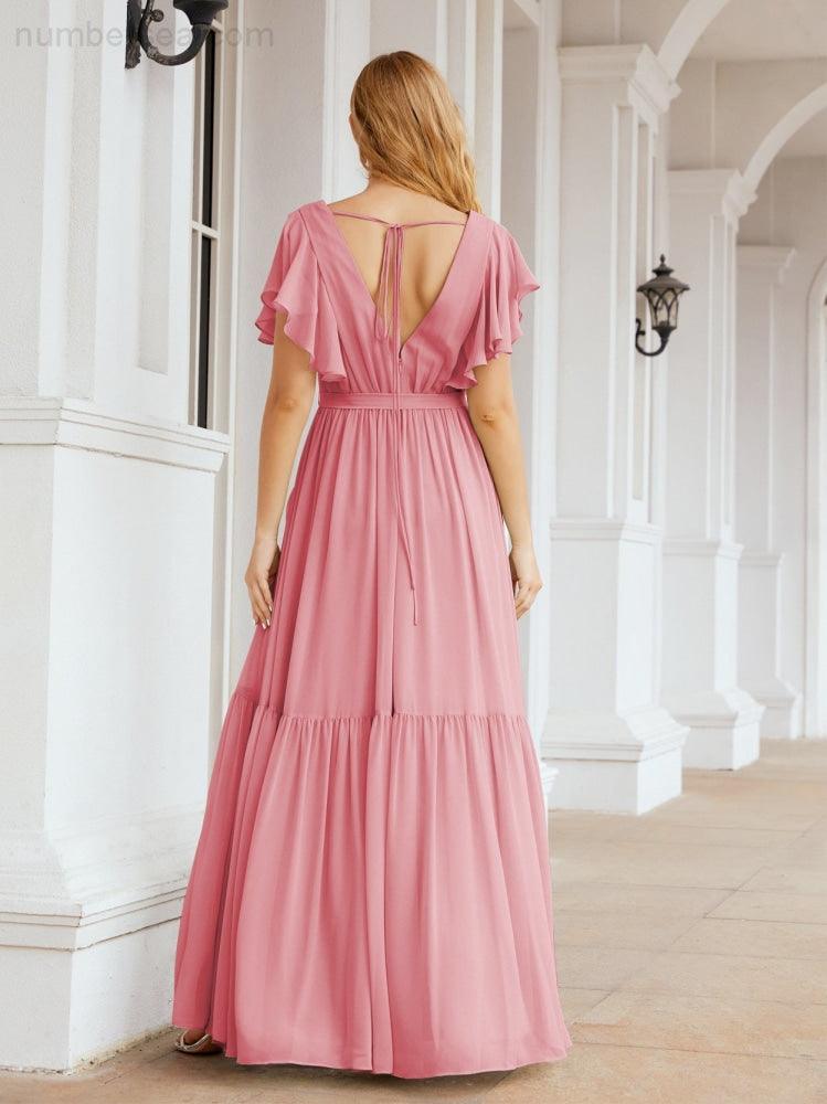 Numbersea Women's Open Back Formal Evening Party Prom Gowns V-Neck Long Chiffon Bridesmaid Dresses with Waist Belt 28038-numbersea