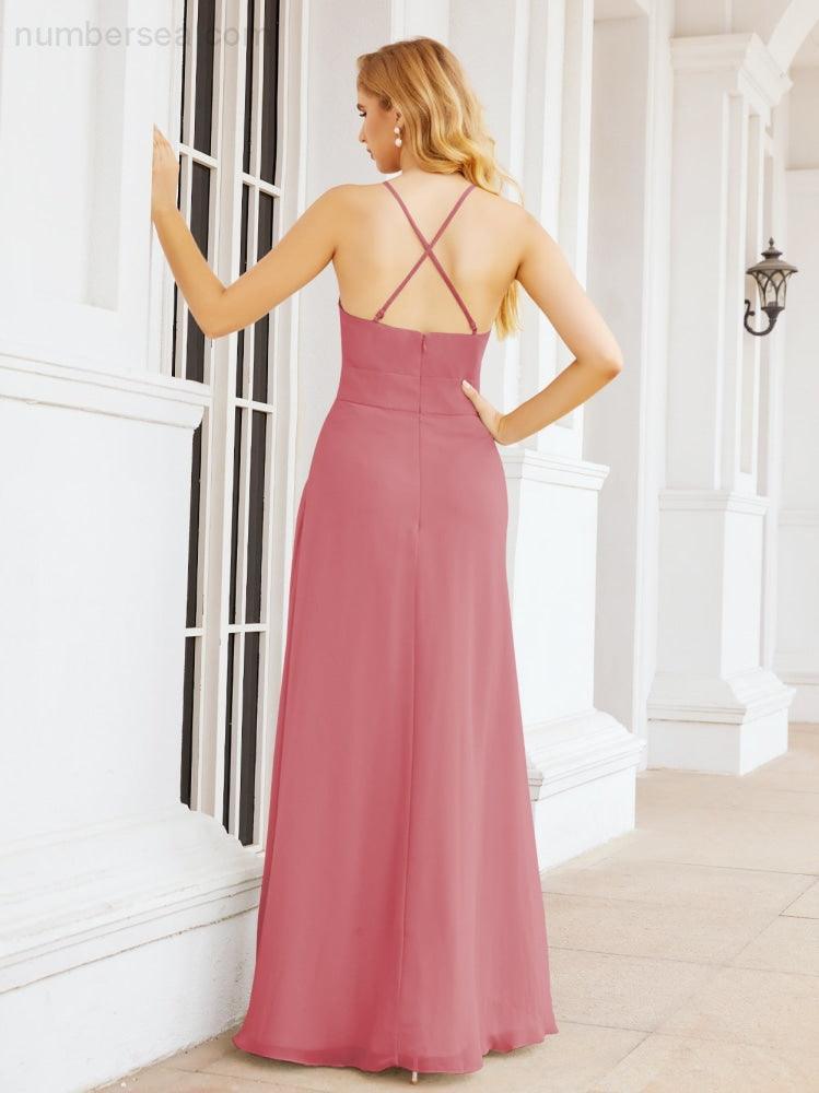 Numbersea Halter Bridesmaid Dresses with Pockets Sleeveless Formal Evening Party Prom Gowns 28055-numbersea