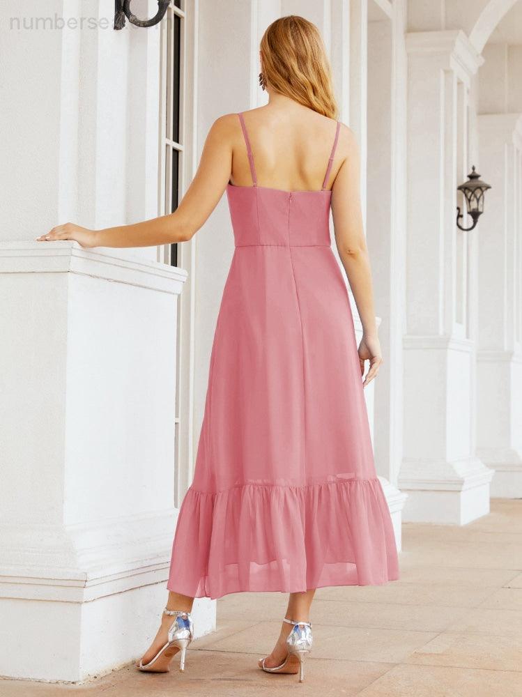 Numbersea Women Strap Chiffon Bridesmaid Dress Ankle Length Sleeveless Blackless Ruffle A Line