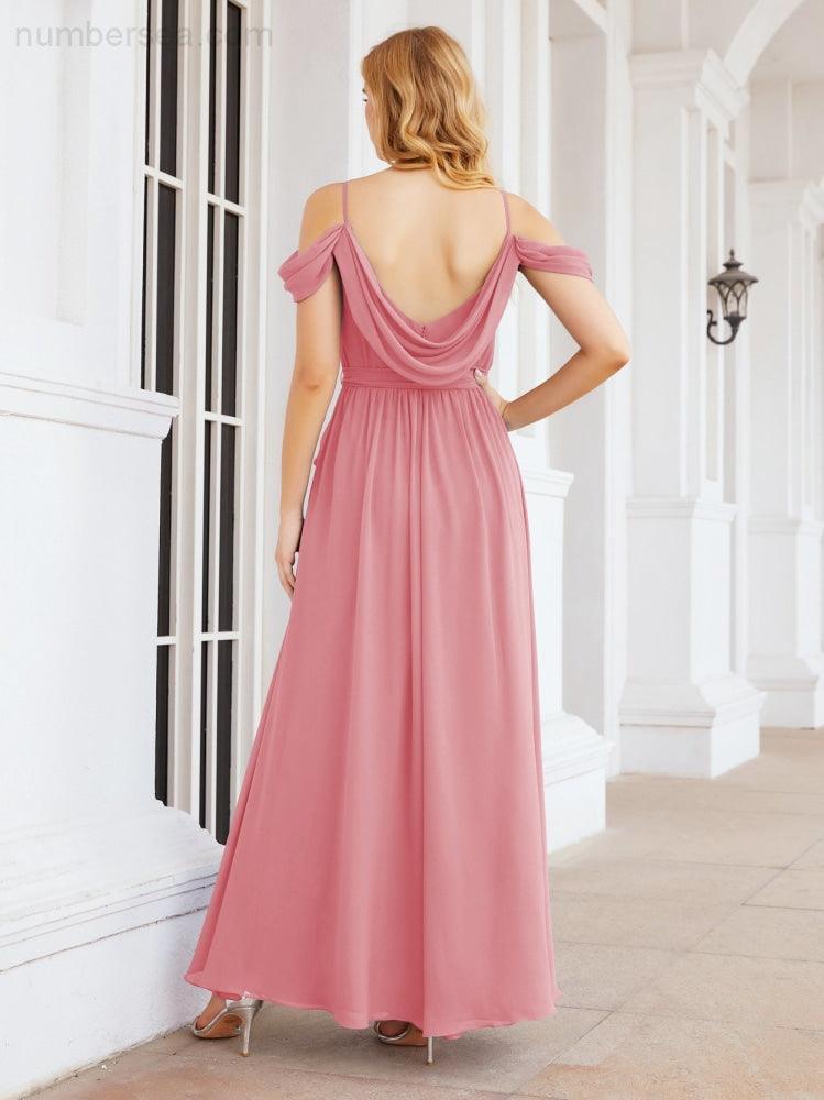 Numbersea Off The Shoulder Chiffon Bridesmaid Dress Long Formal Graduation Gown with Cowl Back 28069-numbersea