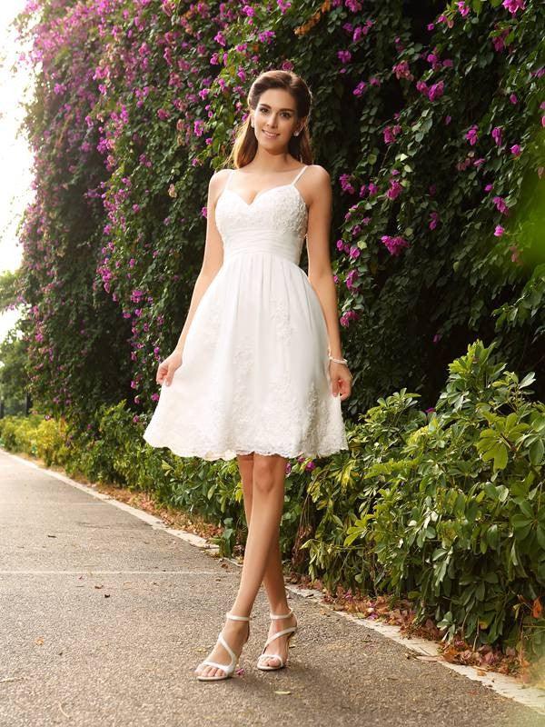 Vestidos de novia princesa tirantes espagueti apliques sin mangas corto encaje