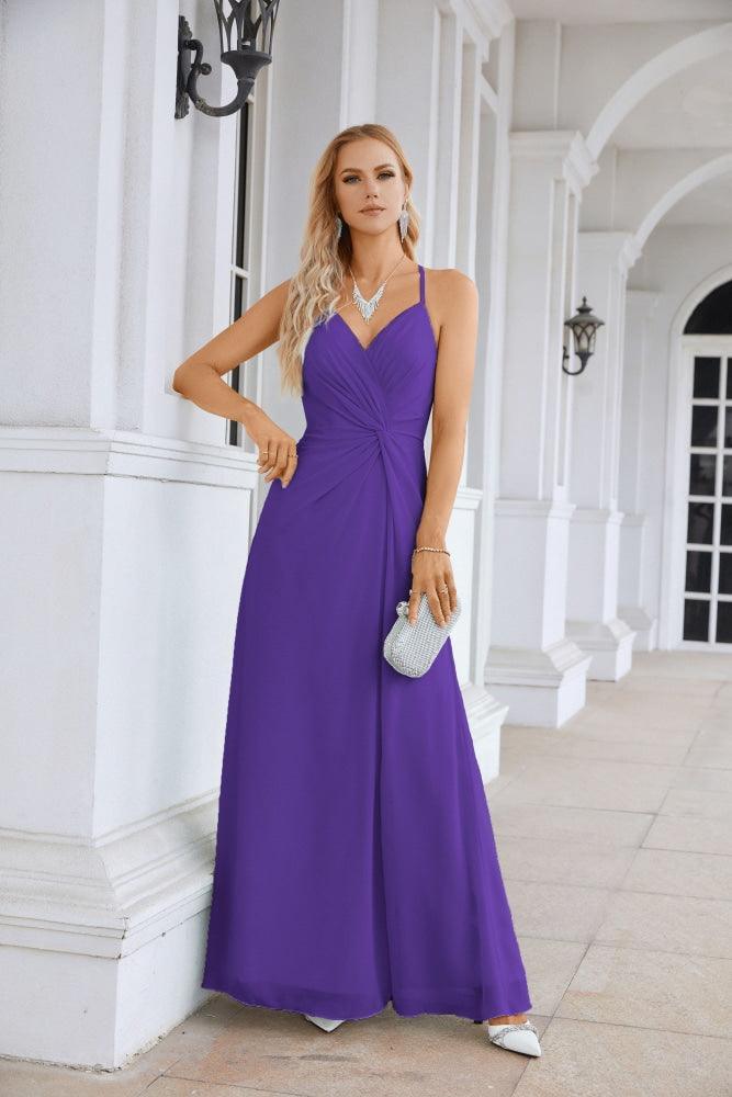 Ladies Chiffon Spaghetti Strap V Neck Front Slit Floor Length Bridesmaid Evening Dress Prom Party Wedding Evening Dress 28116-numbersea