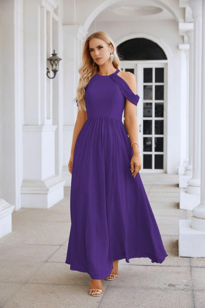 Ladies Chiffon Off Shoulder Swing Sleeve Front Slit Bridesmaid Evening Dress Wedding Party Evening Dress 28117-numbersea