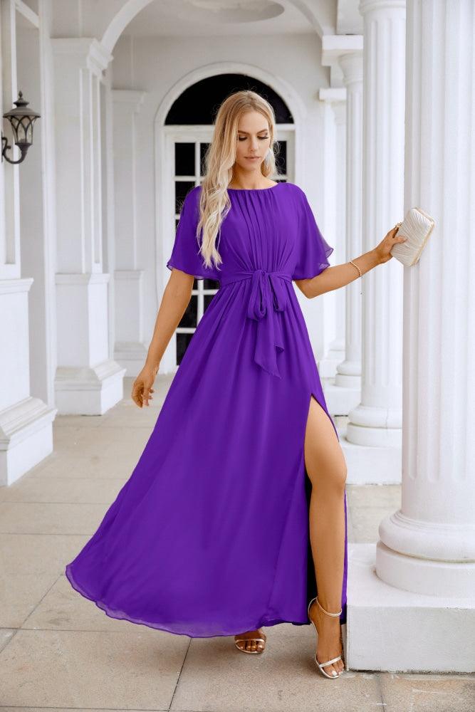 Ladies Chiffon Sleeve Crew Neck Front Slit Floor Length Bridesmaid Evening Dress Wedding Party Evening Dress 28124-numbersea