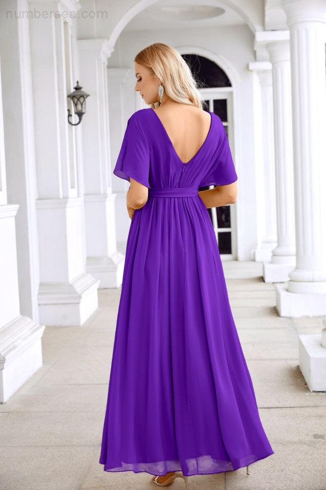Ladies Chiffon Sleeve Crew Neck Front Slit Floor Length Bridesmaid Evening Dress Wedding Party Evening Dress 28124-numbersea