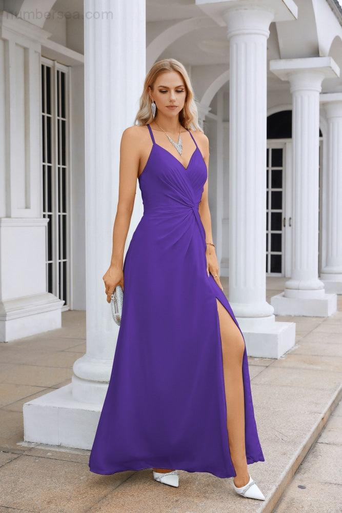 Ladies Chiffon Spaghetti Strap V Neck Front Slit Floor Length Bridesmaid Evening Dress Prom Party Wedding Evening Dress 28116-numbersea