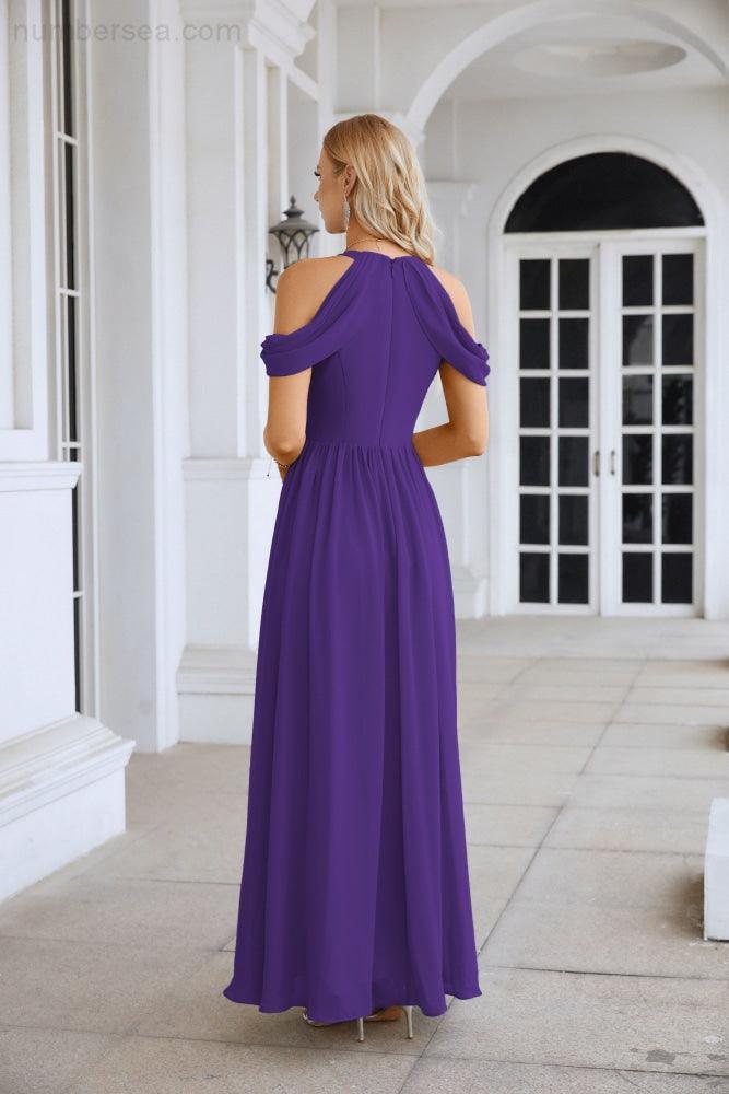 Ladies Chiffon Off Shoulder Swing Sleeve Front Slit Bridesmaid Evening Dress Wedding Party Evening Dress 28117-numbersea