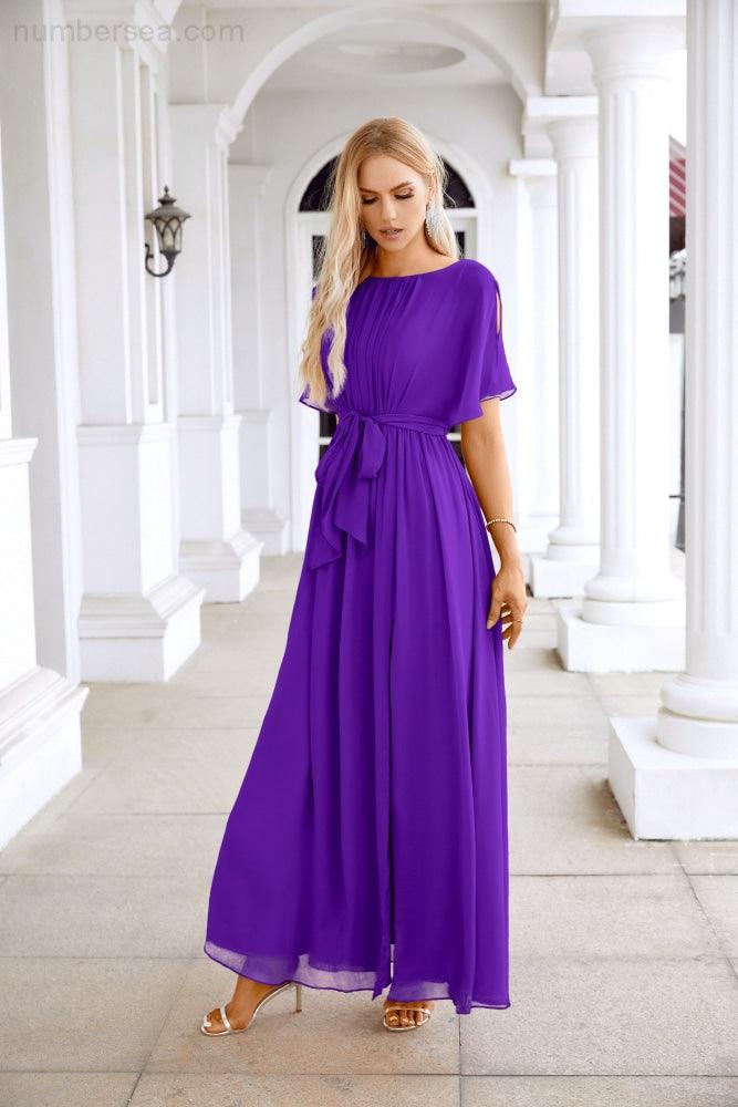 Ladies Chiffon Sleeve Crew Neck Front Slit Floor Length Bridesmaid Evening Dress Wedding Party Evening Dress 28124-numbersea