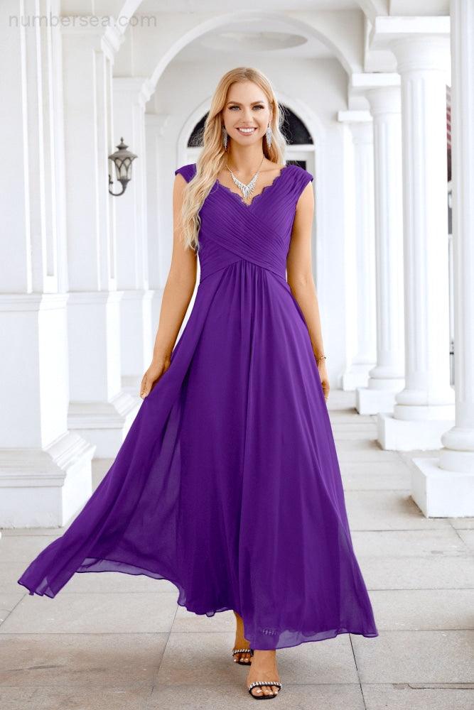 Ladies Chiffon V Neck Sleeveless Floor Length Bridesmaid Evening Dress Wedding Party Evening Dress 28126-numbersea