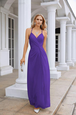 Ladies Chiffon Spaghetti Strap V Neck Front Slit Floor Length Bridesmaid Evening Dress Prom Party Wedding Evening Dress 28116-numbersea